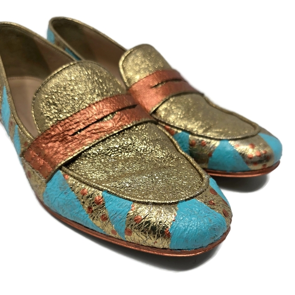 One Of A Kind Hand Painted Crinkle Gold Penny Loafers J Crew Women's 8 - Picture 6 of 14